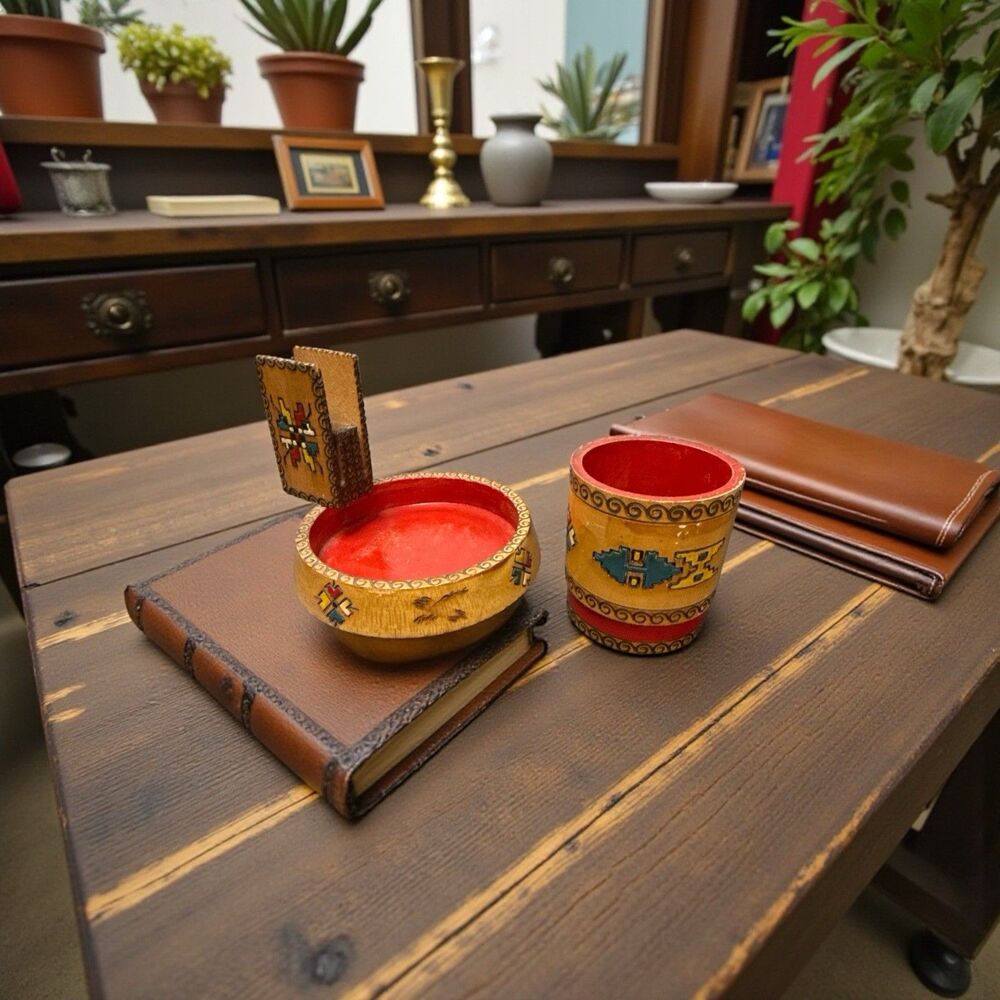 Vintage hand made folk style wood trinket and card holder bowl and pencil cup
